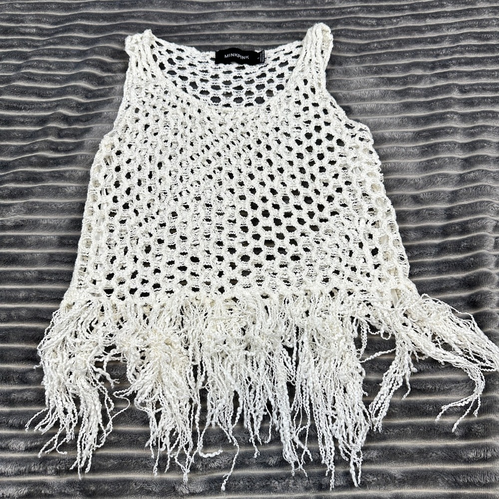 MinkPink White Crochet Fringe Tank Top Small Boho Festival Open Knit Sleeveless